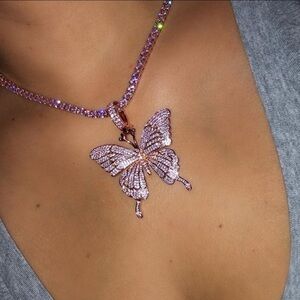 Pink tennis  Butterfly Pendant Necklace 18inch